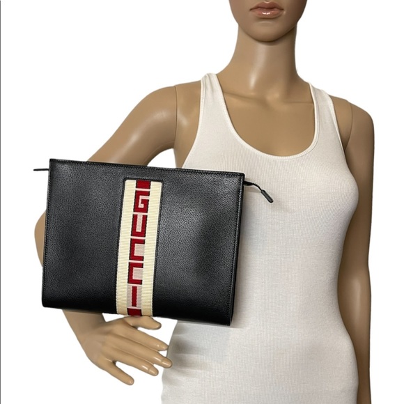 Gucci New Logo Cosmetic Case/ Pouch/ Clutch/ Black Leather Logo Portfolio - Picture 4 of 11